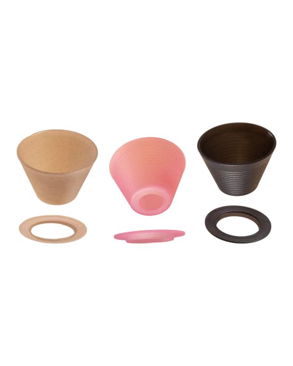 Mazelab SOLO V1 dripper in Terra Natura, Sakura and Black Mazelab SOLO V1 pour over drippers with base ring in Terra Natura, Sakura and Black