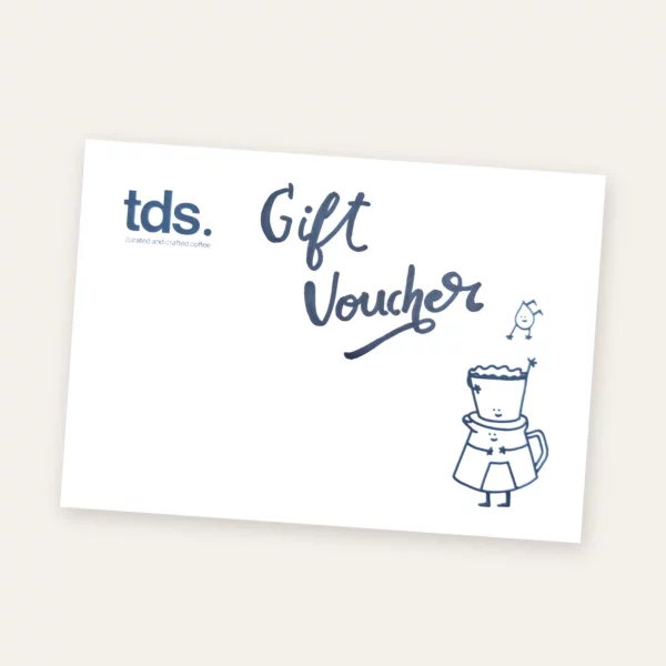 tds. gift voucher card with hand lettered Gift Voucher and illustrated coffee dripper characters
